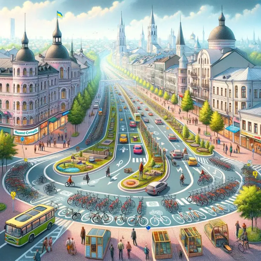 DALL E 2023 11 28 15.43.13 A visionary depiction of Sumy Ukraine featuring a future where the bicycle infrastructure has been greatly enhanced. The illustration should show wi