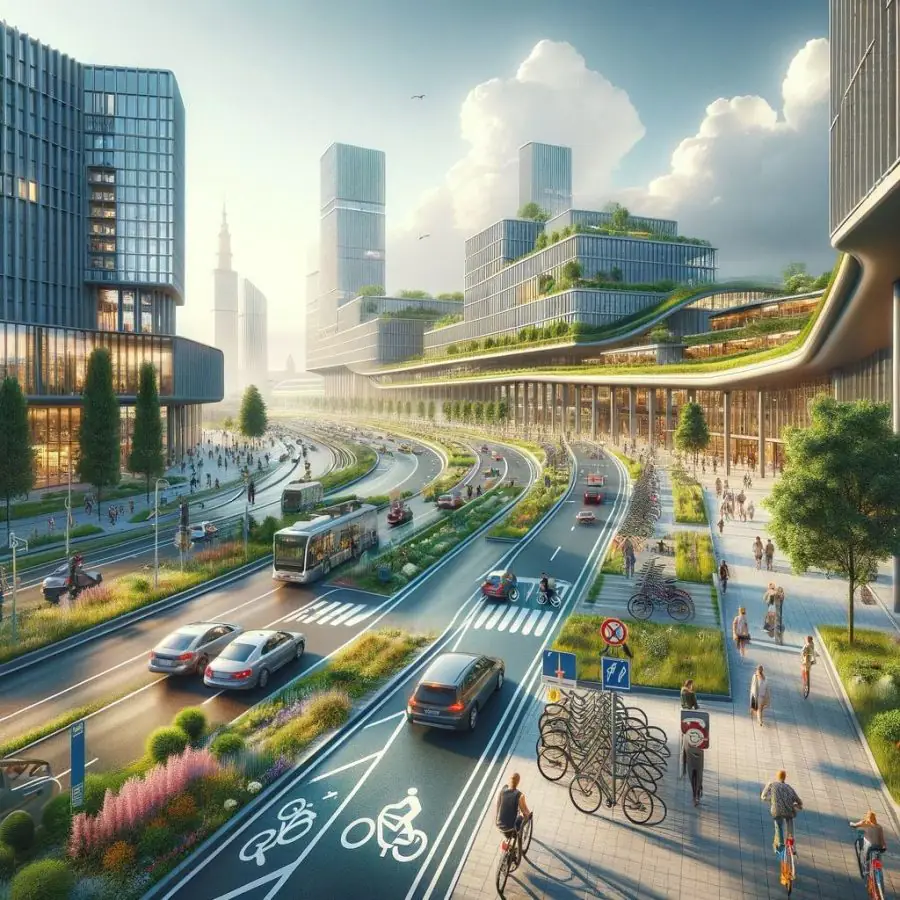 DALL E 2023 11 28 15.43.22 An image that showcases a well developed bicycle infrastructure in an urban setting reflecting a city inspired by Sumy Ukraine. The scene includes w