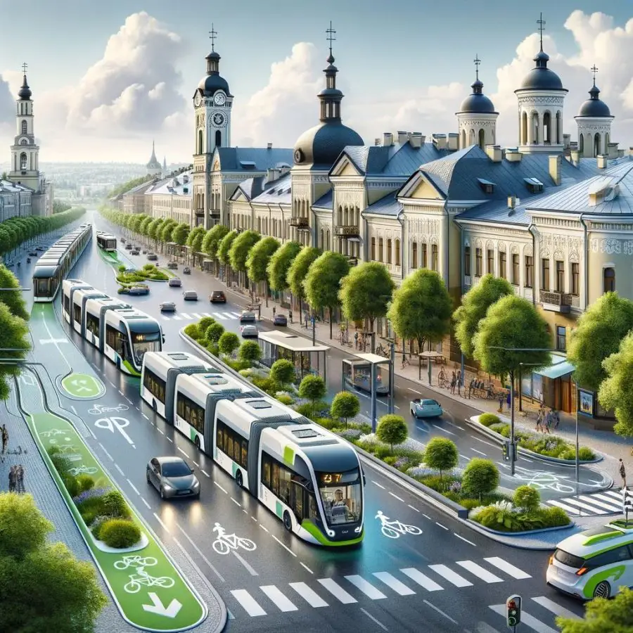 DALL E 2023 11 28 15.43.28 An illustration of a modern and efficient public transportation system in a city with historical architecture and natural greenery inspired by curren