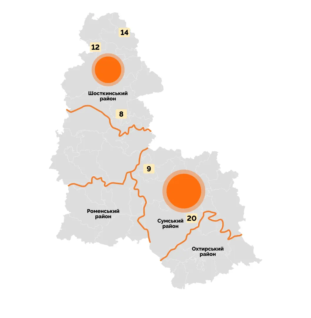 mapa obstriliv sumska oblast Мапа обстрілів Сумщини в липні