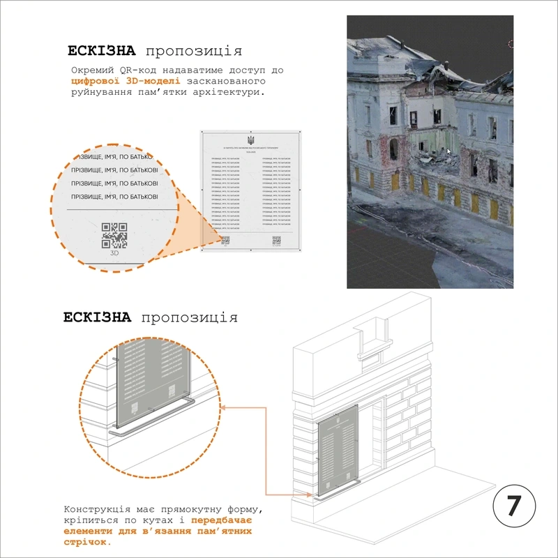 memorial na chastkovo zruynovanomu budynku v sumakh Меморіал з пошкодженою стіною внаслідок атаки 13 квітня в Сумах