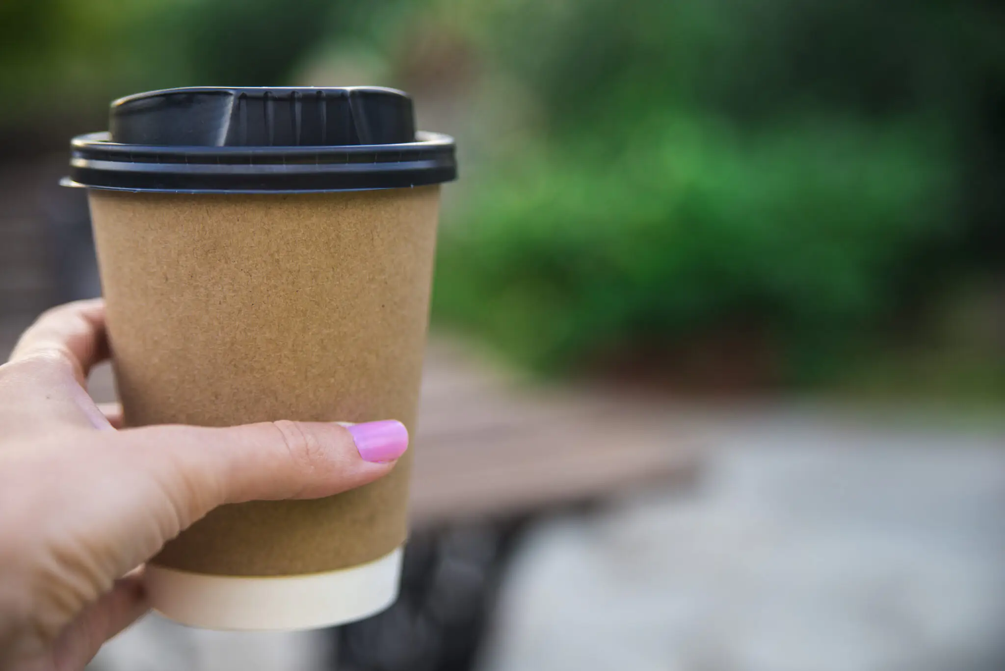 hand holding paper cup of coffee on natural morning background