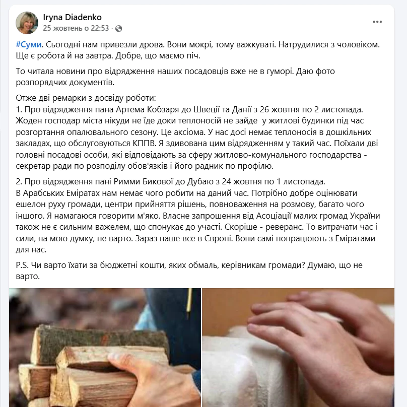 Пост сумської депутатки про відрядження чиновників