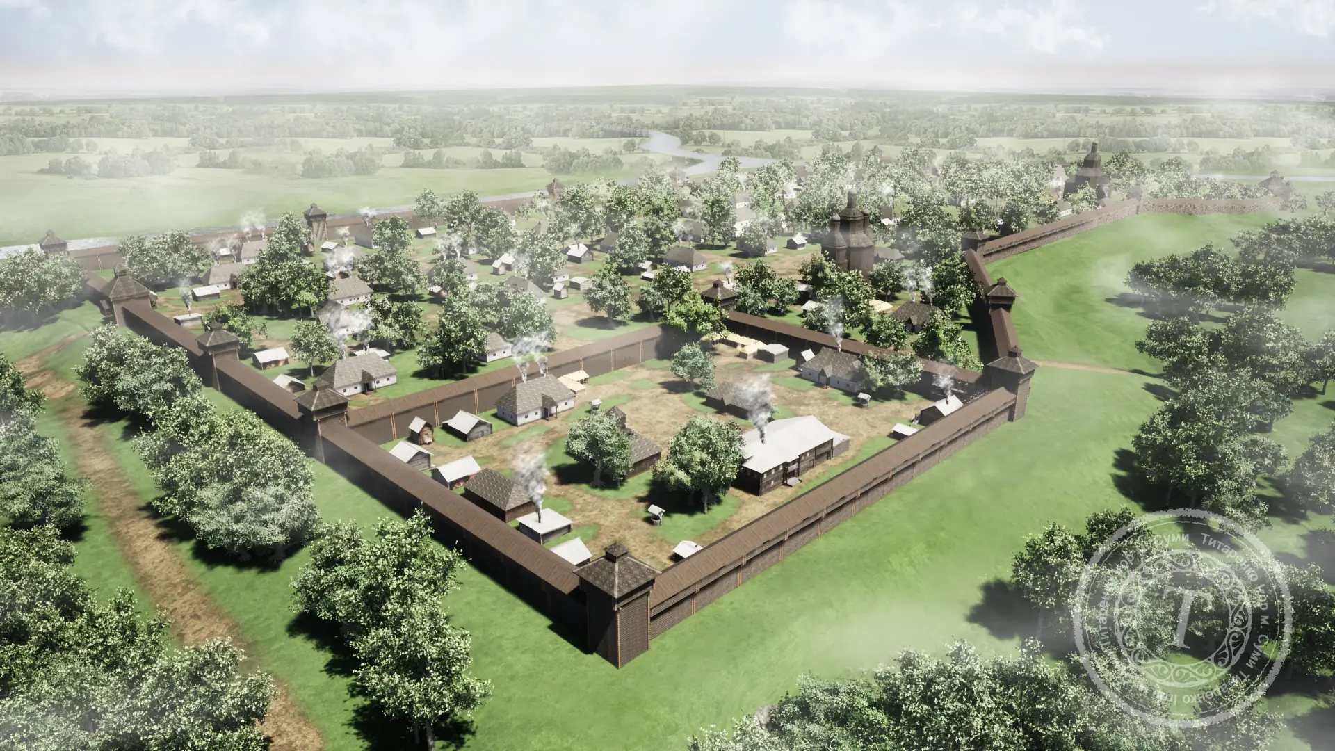 На реконструкції козацької цитаделі в Сумах зображені будівлі.