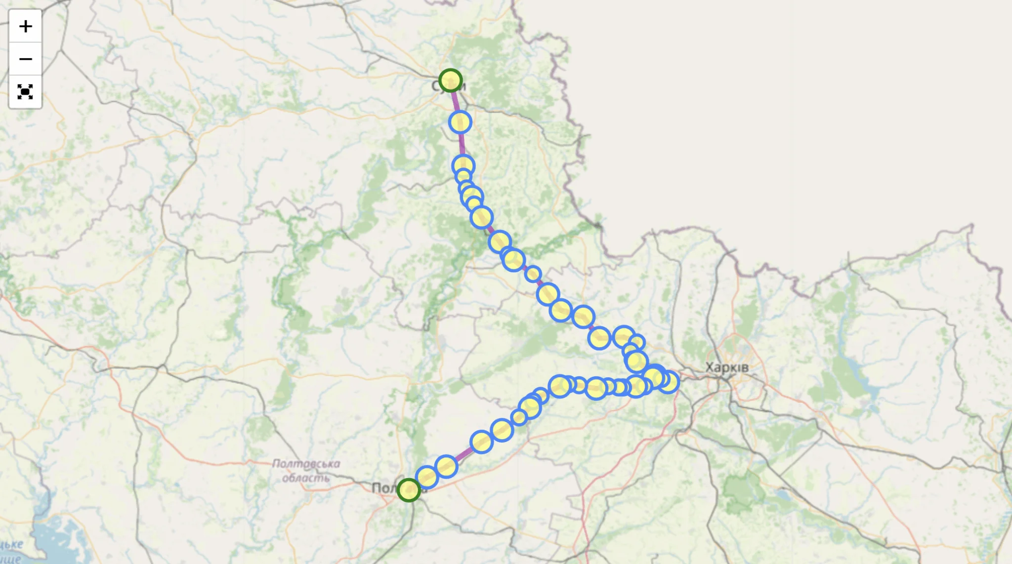 Маршрут потягу Полтава-Суми