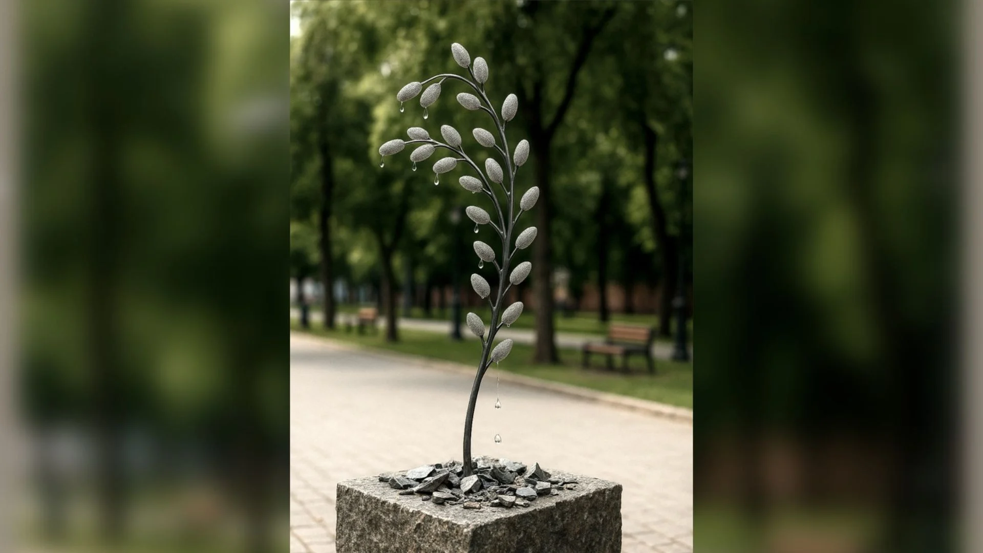 Меморіал загиблим у формі верби. Його прикрашають крапельки води.