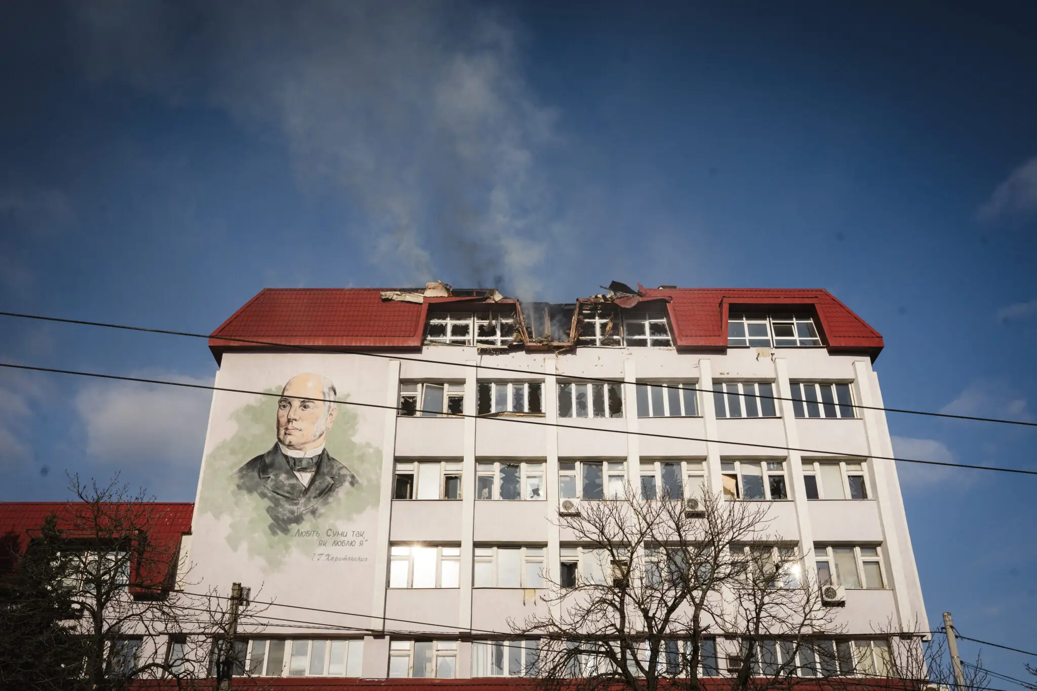 У червоному даху пошкодженого будинку утворилася вибоїна. Під нею зображений портрет Харитоненка.