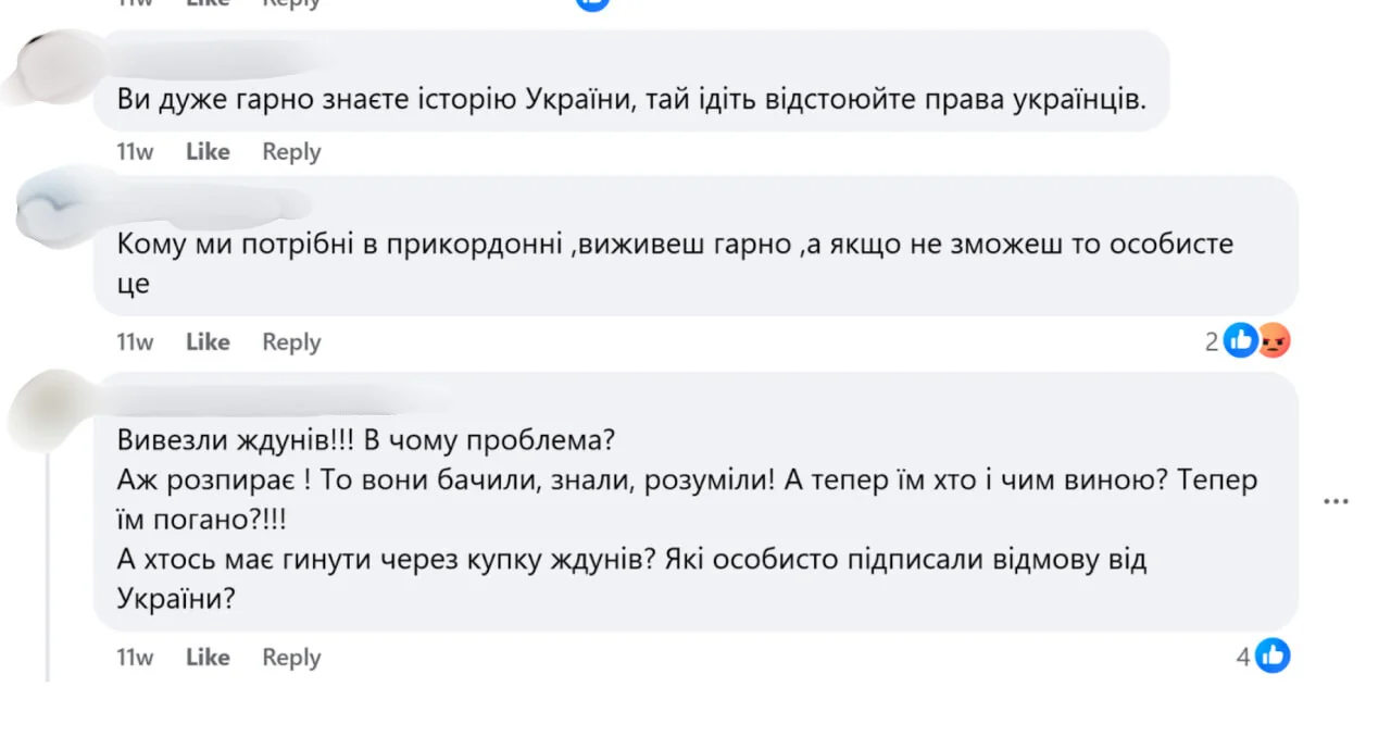 Заблюрені коментарі під дописом, де пишуть, що жителі Грабовського - ждуни.