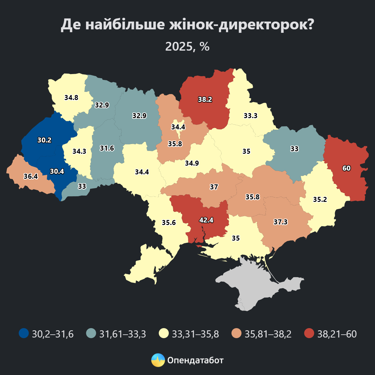 Мапа скільки відсотків жінок очолили нові компанії у 2025 році