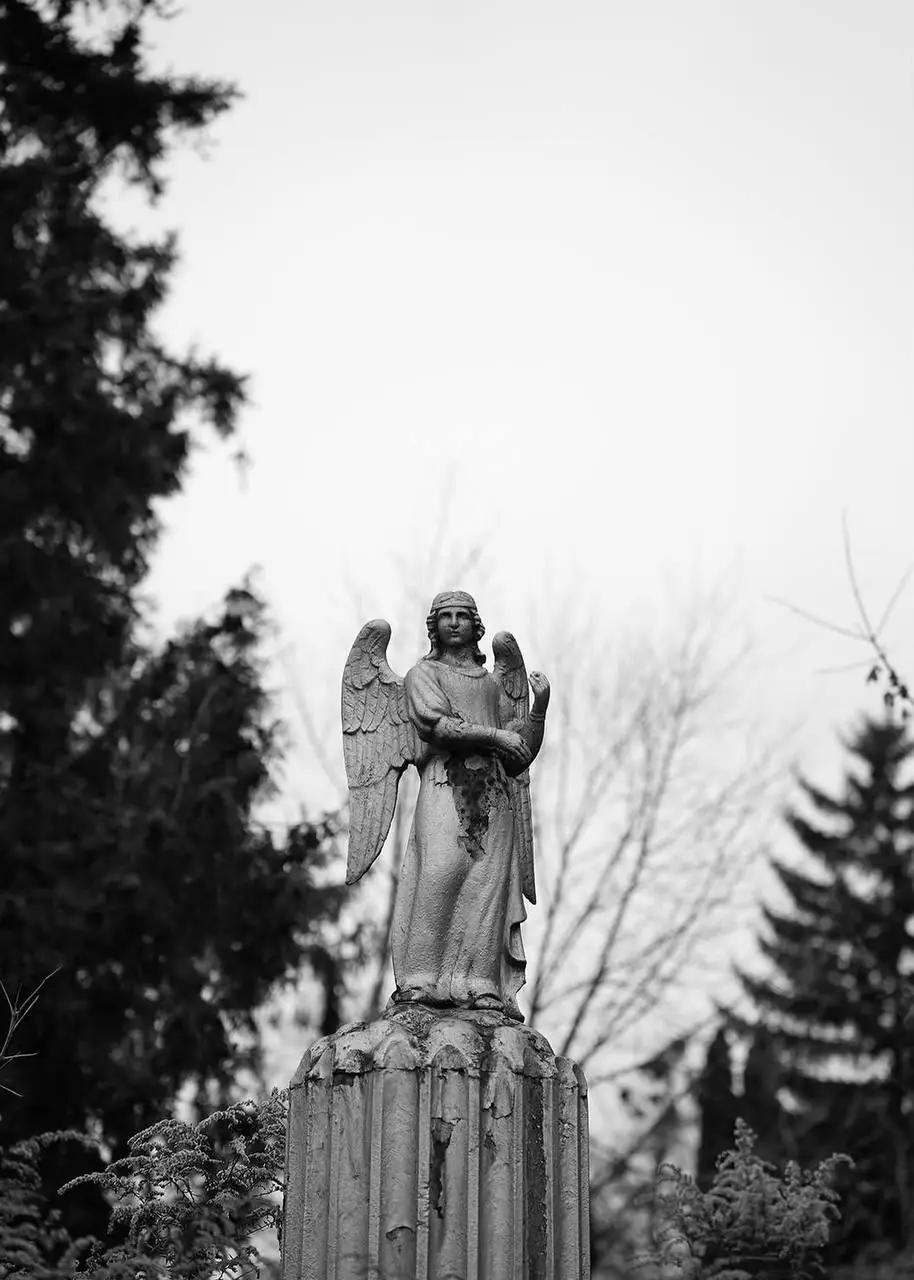 Скульптура янгола стоїть на підвищенні.