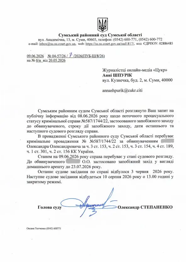 Повідомлення сумського суду про кримінальну справу проти продавця солодкої вати